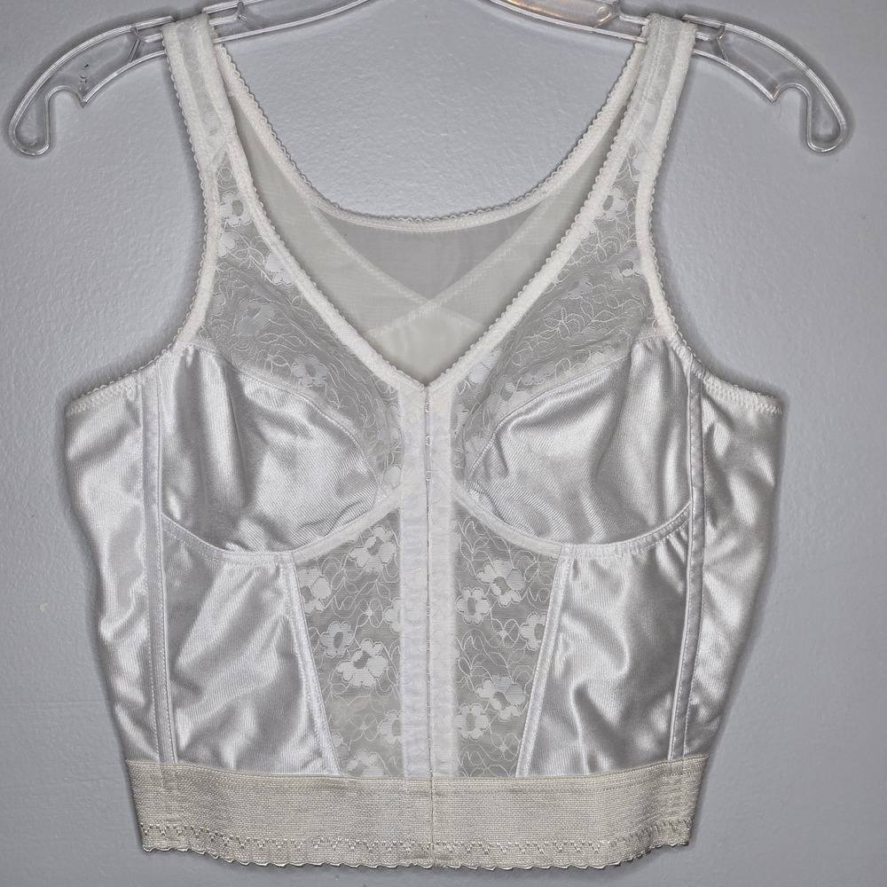 Vtg Exquisite Form Bustier Bra 36B White Satin Lace Overbust Shapewear Corset